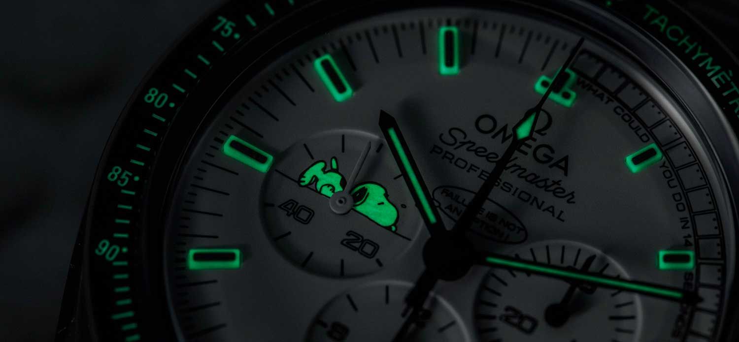 Glowing lume on the 2015 Silver Snoopy Speedmaster (Image © Revolution)Snoopy (Image © Revolution)