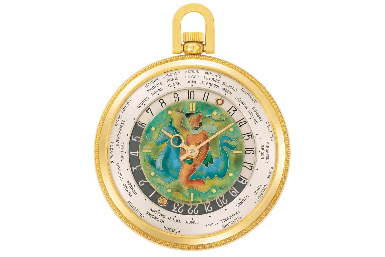 The reference 605 was the first Patek Philippe to begin the tradition of cloisonné enamel dials, often bearing maps, that continues to this day. (Image: Patek Philippe)