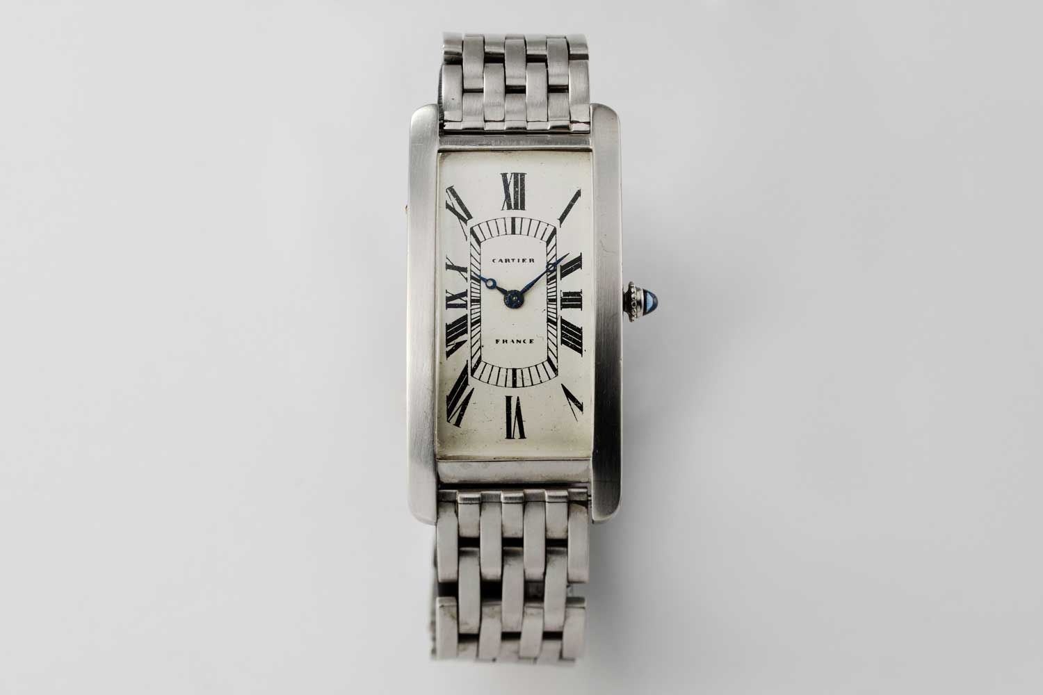 1928 Platinum Cartier Tank Cintrée with original 7-link platinum bracelet; this particular example is from the private collection of Auro Montanari (©Revolution)