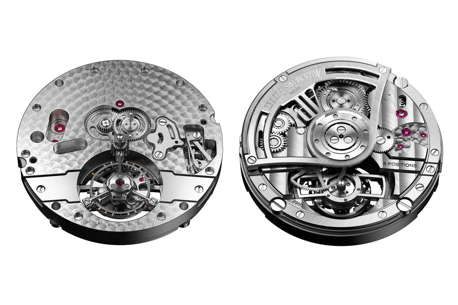Front and back view of the caliber 2950 — note that the motion works are located above the central axis of the movement, ensuring that there are no wheels obstructing the view of the tourbillon cage at six o’clock