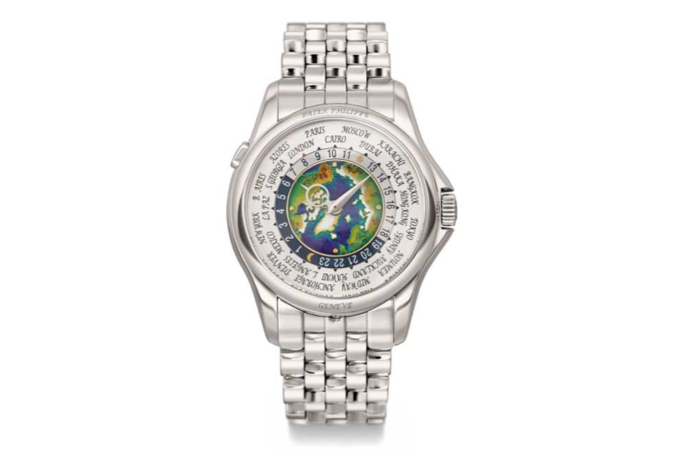 In 2018, Patek Philippe launched the ref. 5131/1 P that featured an enamel map of the Northern Hemisphere and “Eric Clapton” style brick bracelet. (Image: Sothebys)