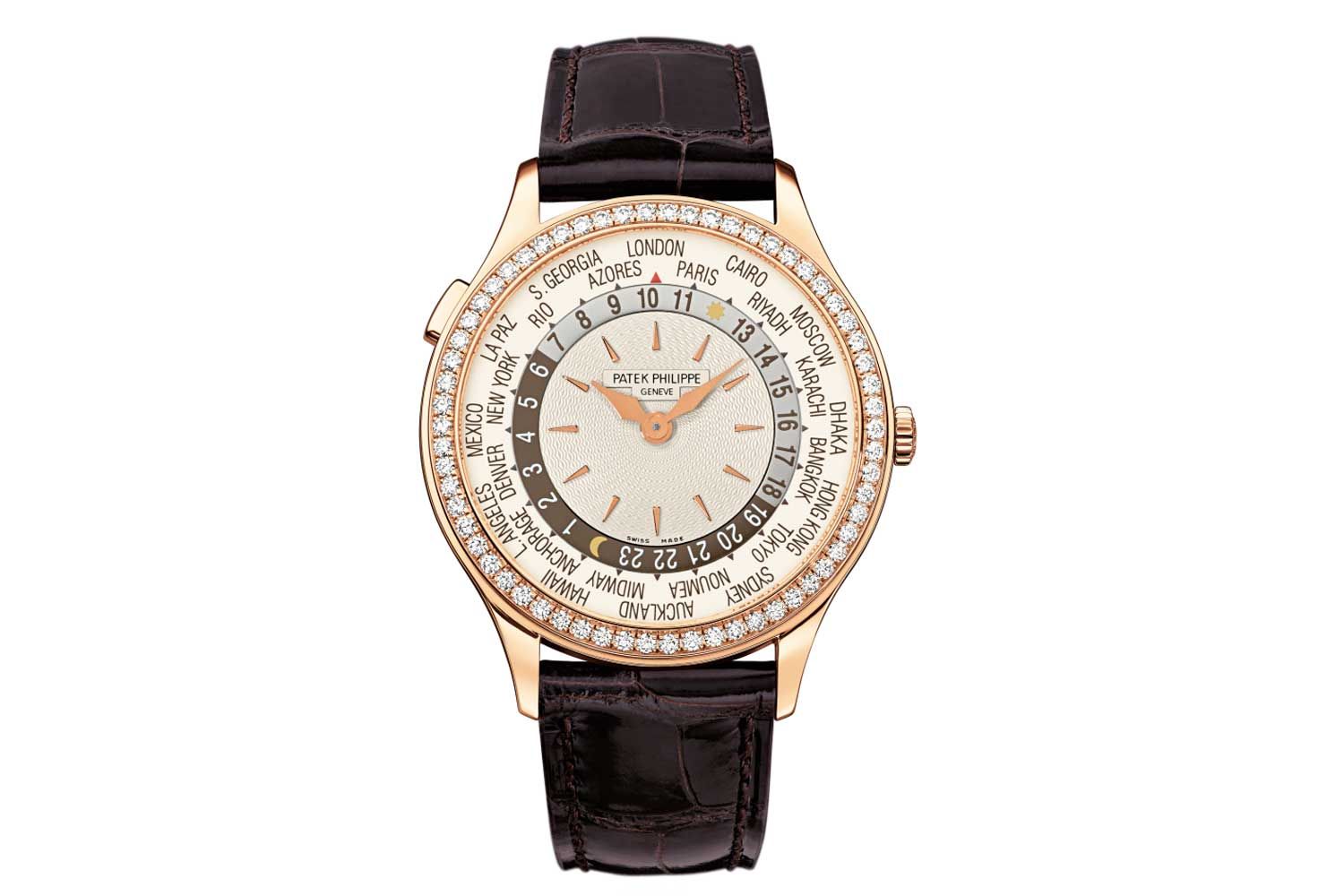 The first version of ref. 7130 with a rose gold case, an ivory hand-guilloché dial and a warm brown 24-hour ring and matching brown print on the city disk. (Image: Patek Philippe)
