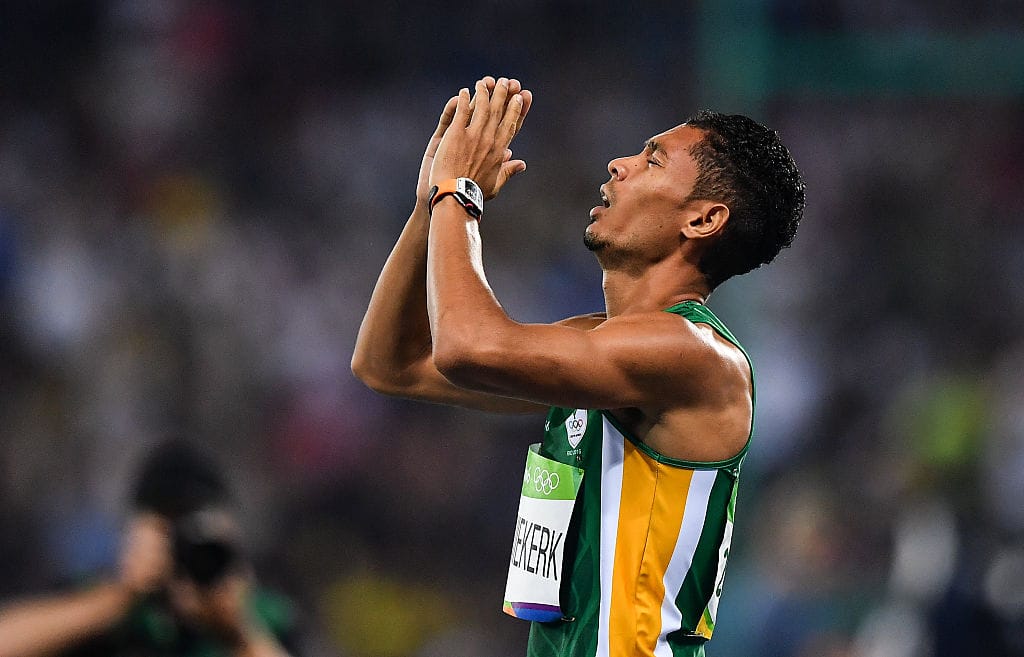 Rio , Brazil - 14 August 2016; Wayde van Niekerk of South Africa celebrates winning the Men's 400m final with a world record time of 43.03 seconds at the Olympic Stadium during the 2016 Rio Summer Olympic Games in Rio de Janeiro, Brazil. (Photo By Brendan Moran/Sportsfile via Getty Images)
