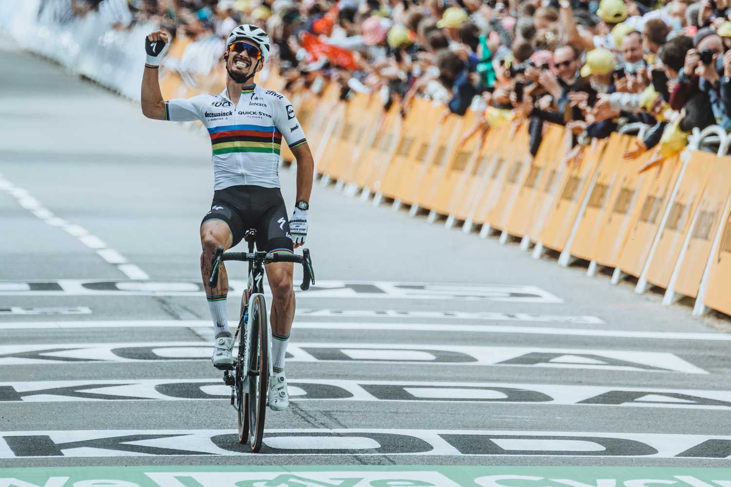 French cyclist, Julian Alaphilippe at the finish line as he secures Stage 1 at the Tudor de France 2021 (Image: cyclist.co.uk)