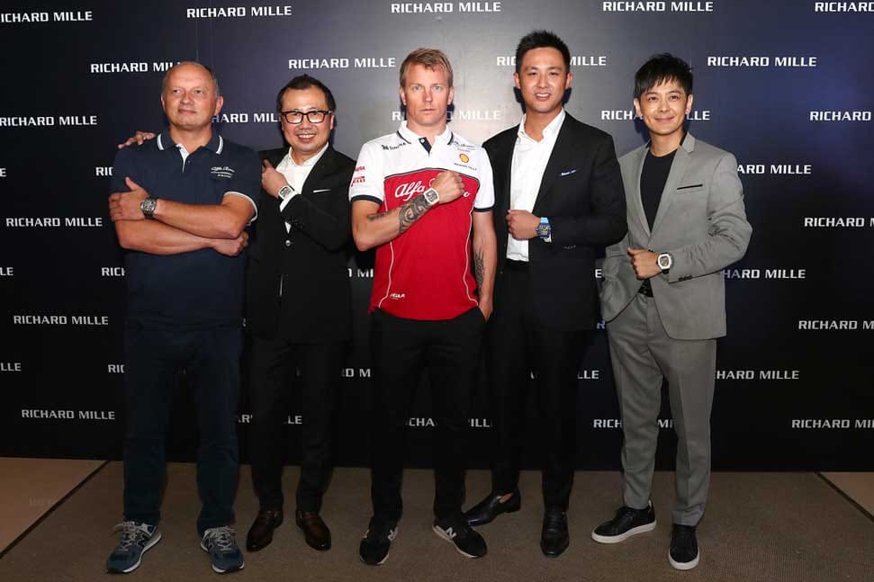 (L-R) Sauber Motorsport AG CEO Frederic Vasseur, Dave Tan of Richard Mille Asia, Kimi Raikkonen, Dave Tan's son, Bryan Tan and Taiwanese singer Jimmy Lin at the Richard Mille - RM 50-04 Kimi Raikkonen Launch on September 18, 2019 in Singapore (Image: Getty Images)