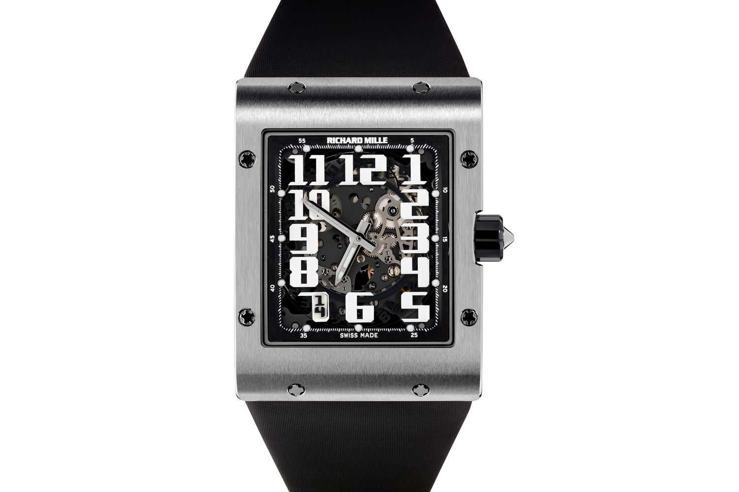 The Richard Mille RM 016 is a watch with a 38mm wide and 49.8mm long curved rectangular case that is a scant 8.25mm thick